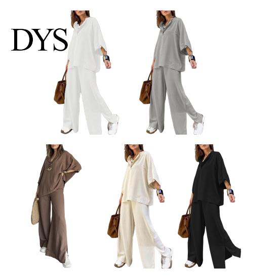 Lightweight Casual Outfit Women's Two-Piece Oversized 3/4 Sleeve Pullover Top And Spring Autumn Fashion Wide Leg Pants Set Fall Loose Lounge