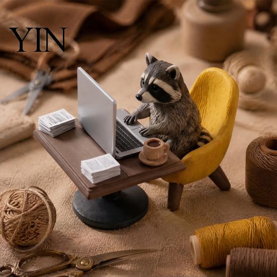 Fun Gifts for Colleagues Highland Cow/Raccoon Office Theme Ornament, Miniature Animal Desktop Decoration with Realistic Workplace Stress Relief Laptop