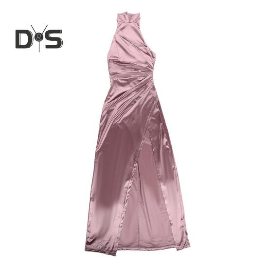 Women Ball Gown Stand Collar Halter Neck Off Shoulder Sleeveless Satin Evening Dress Slim Fit Pleated Solid Color High Slit Floor Length Maxi Dress