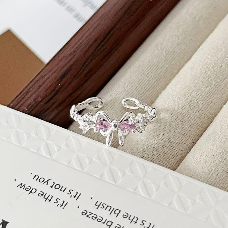 Colored Treasure Zircon Bow Row Diamond Opening Ring Niche High-End Sense Light Luxury Exquisite Personality Super Fairy Index Finger Ring Woman