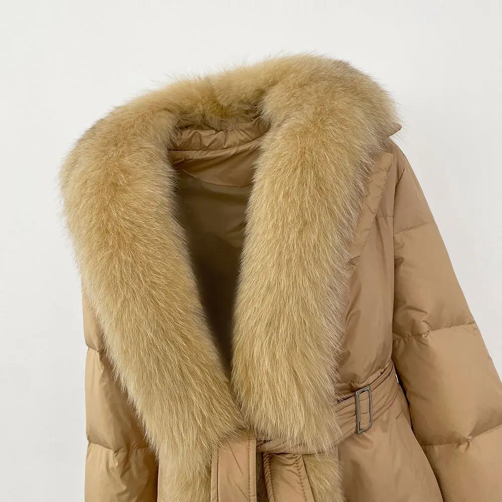 OFTBUY 2024 Winter Jacket Women Real Fox Fur Collar Natural Thick Warm Duck Down Coat Belt Outerwear Streetwear Loose Casual