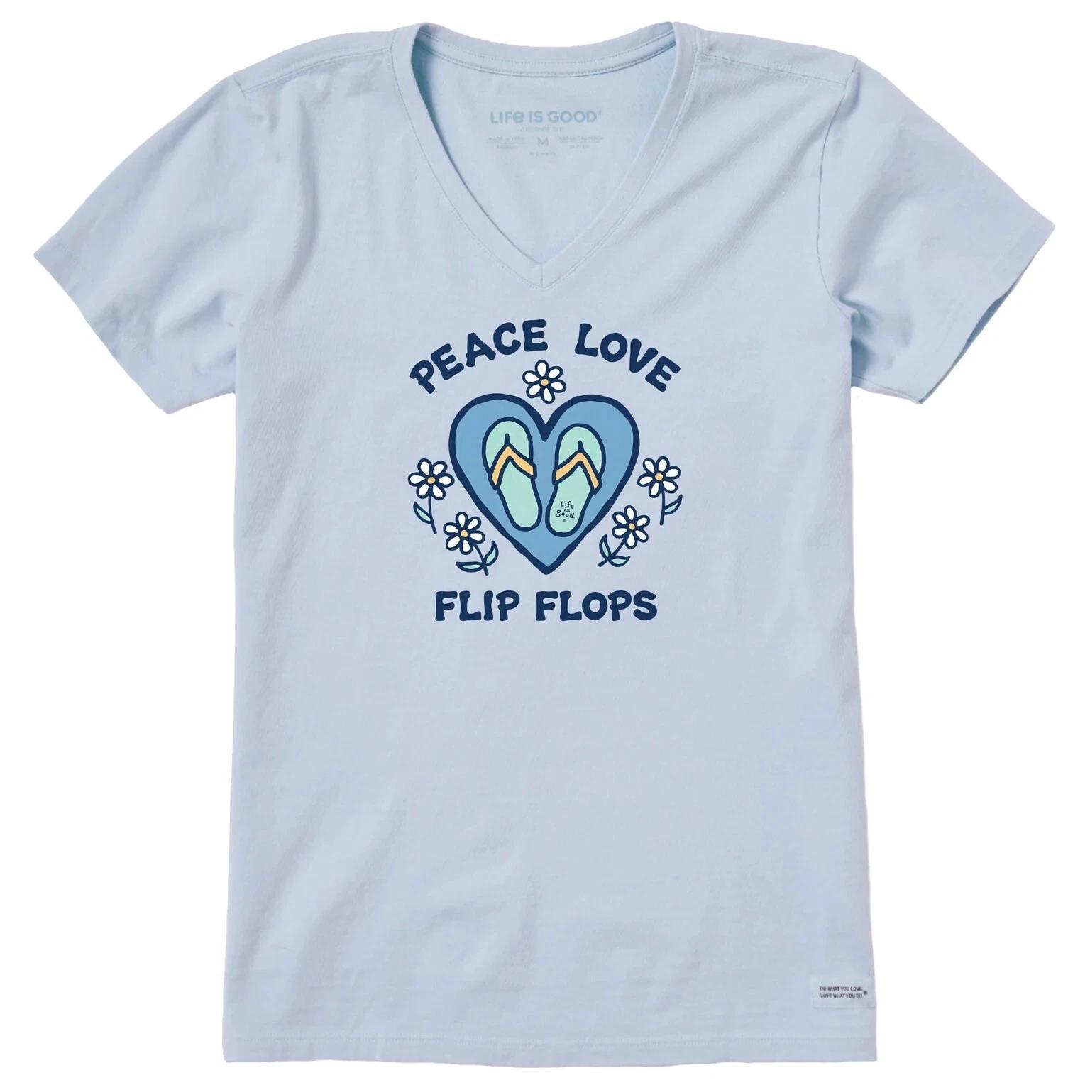 Life is Good Women s Peace Love Flip Flops Short Sleeve Crusher Vee Glacier Blue XL