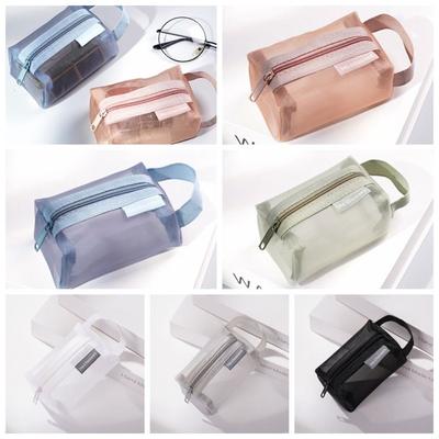 Sac à Maquillage en Maille Couleur Fraîche Grande Capacité Sac de Rangement pour Articles de Toilette Sac Cosmétique Transparent Extérieur