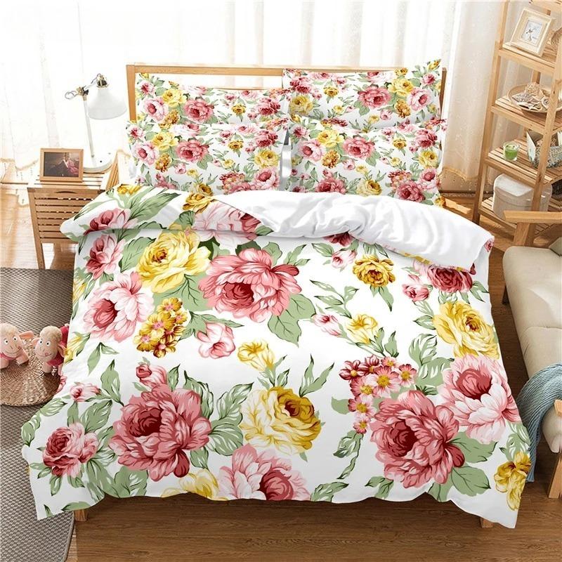 Elegantes Blumen-Bettwäscheset, Bettbezug-Set, 3D-Bettwäsche, Digitaldruck, Queen-Size-Bettwäscheset aus Polyester, modisches Design, bunt