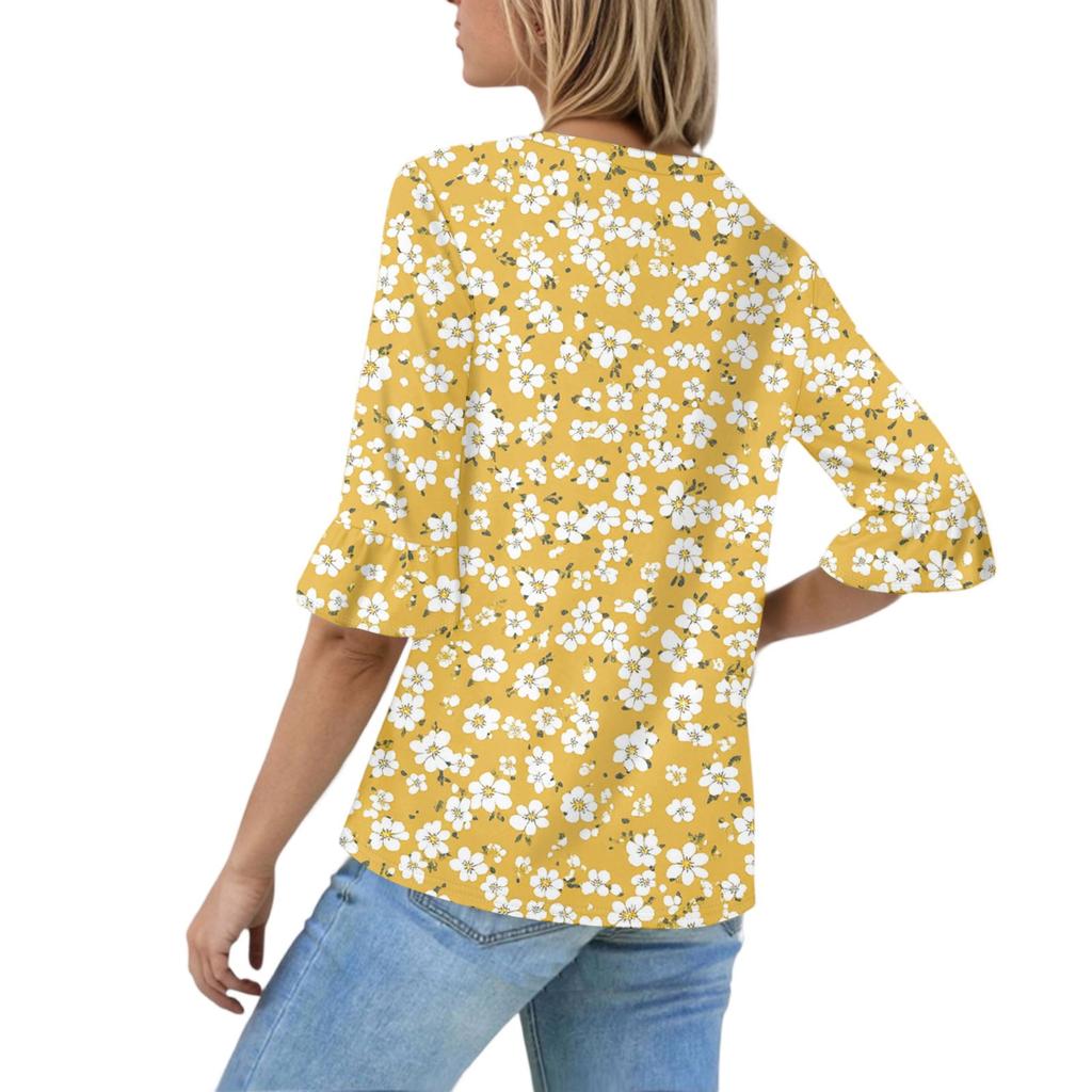 Women's Casual 3/4 Sleeve Tops V-Neck Sleeve T-Shirt Floral Print Tops