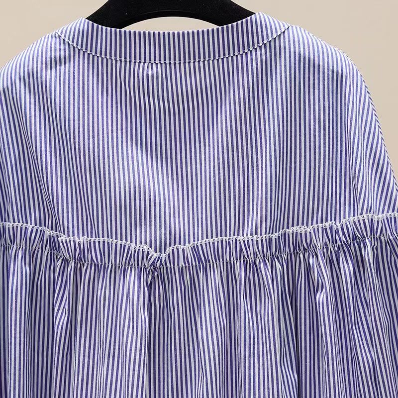 Spring Fashion Casual Stand Collar Striped Shirt Women's Versatile Ninth Sleeve Lace Shirt