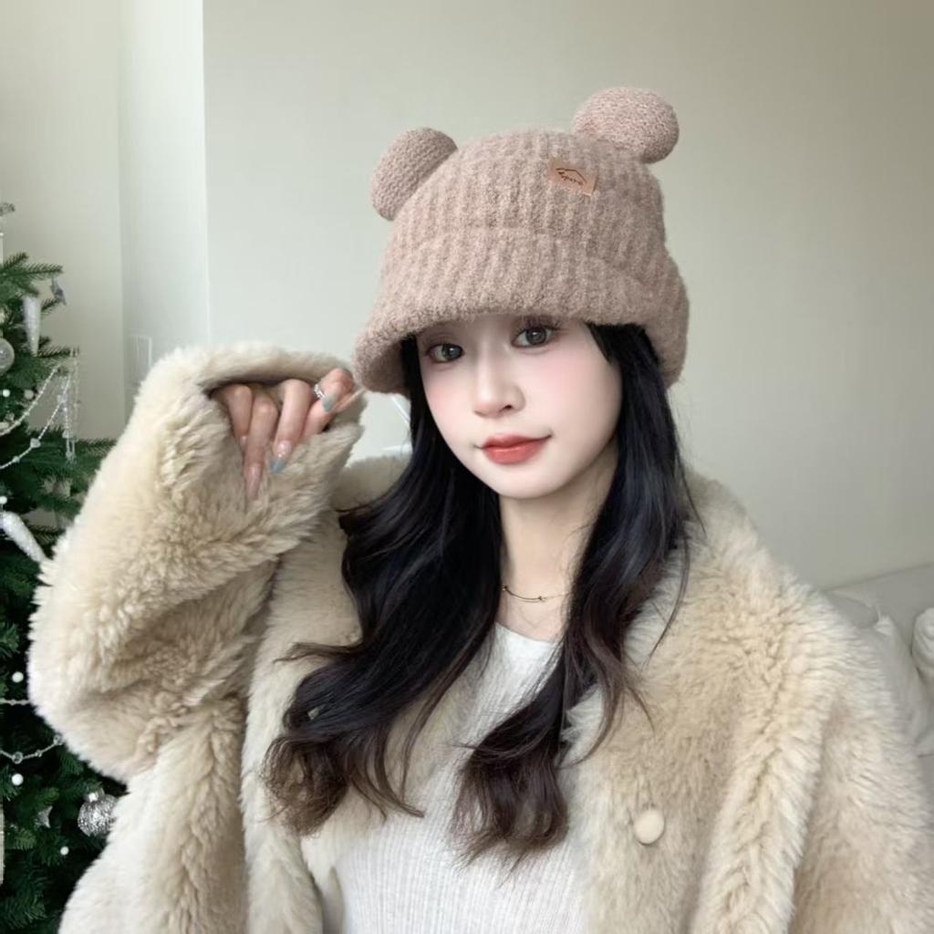 Autumn and winter new cute bear round ears wool hat women's headband hat showing a small face warm ear protection knitted hat