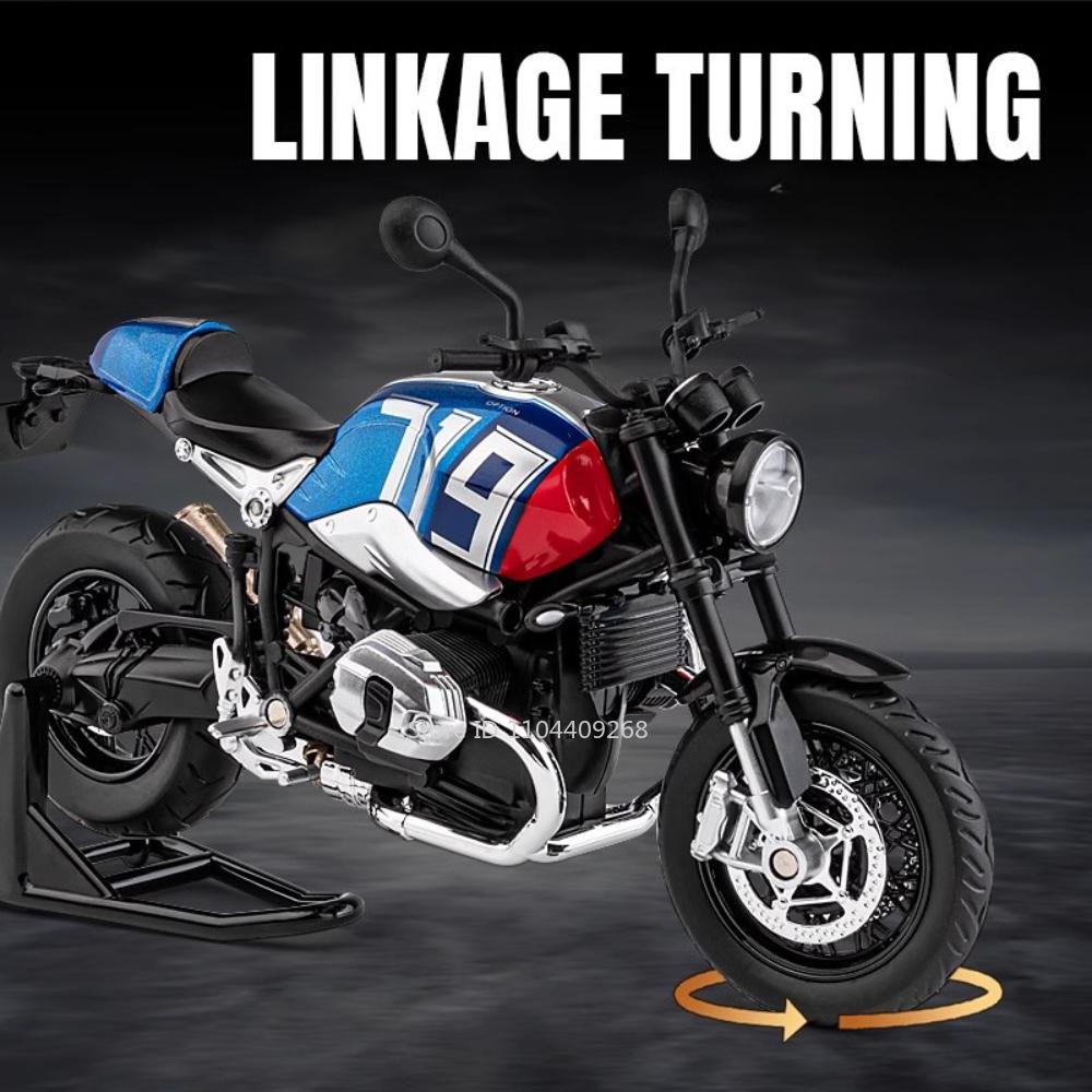 1:12 Scale R Nine T HP4 Motorcycle Model Car Toy Alloy Diecast Light Music Shock Absorption Motor Miniature Models Ornament Gift