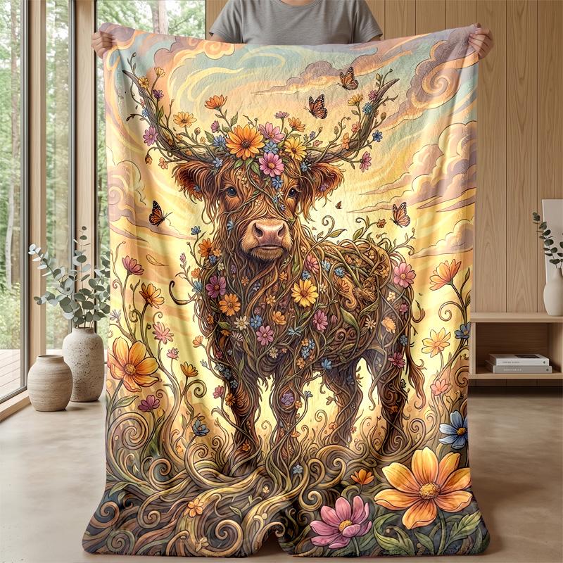 Festive Highland Cow Decoration Theme Blanket Lightweight Warm Flannel Blanket Decorative Throw Blanket for Home Decoration