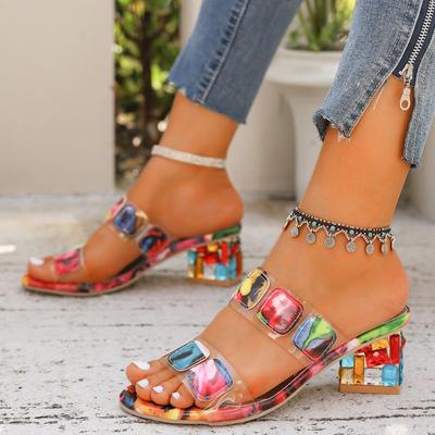 Damen Bunte Klobige Sandalen mit Absatz Strassdekor Slipper Offene Zehenpartie Mittelhohe Absätze Stilvolle Alltagssandalen