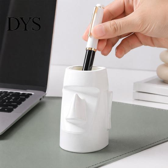 Desk Storage Box Resin Glass Stand Pen Holder, Moai Statue Pencil Container, Desktop Cup Stationery Organizer Eyeglass Display Rack for Home Office