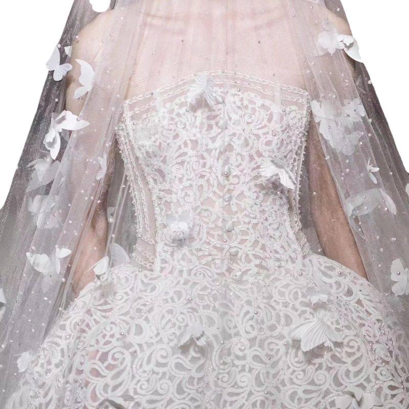 Mori Style Wedding Dress with 3D Butterfly Veil, Elegant Pearl Headpiece, and Soft Yarn Fishtail Train