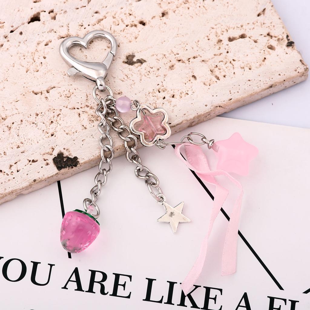 Exquisite Pink Strawberry Bow Keychain Y2k Fashion Star Flower Tassel Heart Keyring Phone Charm Pendant Beaded Chain Women Gift