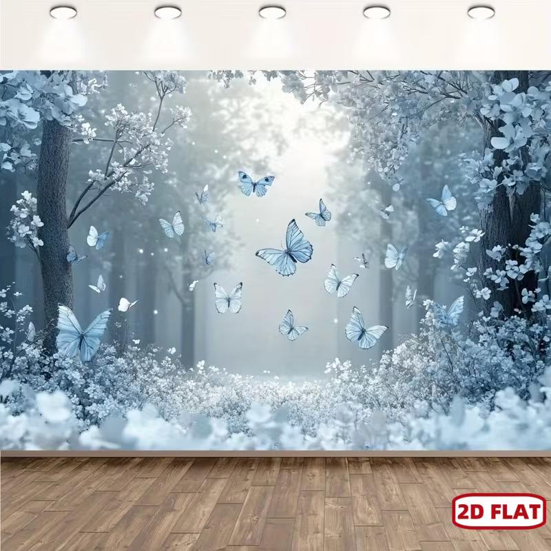 2D Dreamy Light Blue Butterfly Background for Wedding & Family Photoshoot 47.2x31.5inch/120*80cm