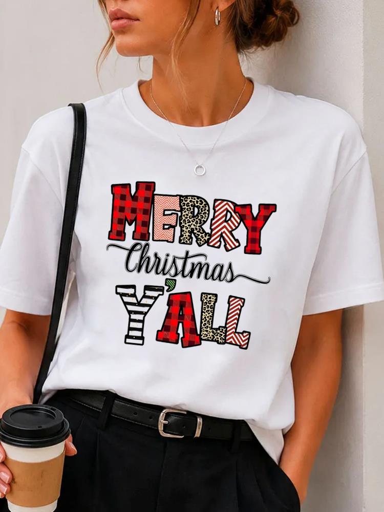 (Asian Size) plaid letter Merry Christmas Fashion Short Sleeve T-shirts Women's Top O-neck T Shirt Print Casual New Year Clothing Graphic Tee