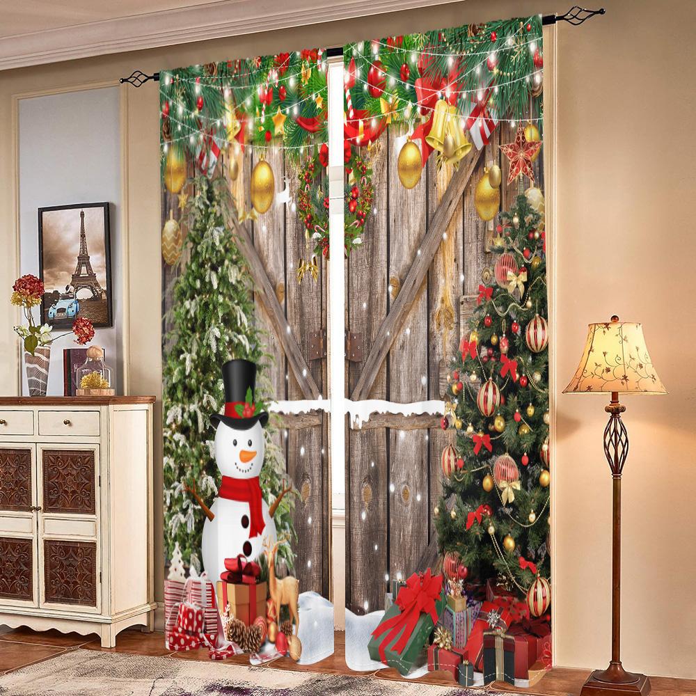 2 Pieces, Christmas Tree Wooden Door Snowman Curtains -30% Blackout - Suitable for Living Room, Bedroom, Kitchen, Home Decoratio