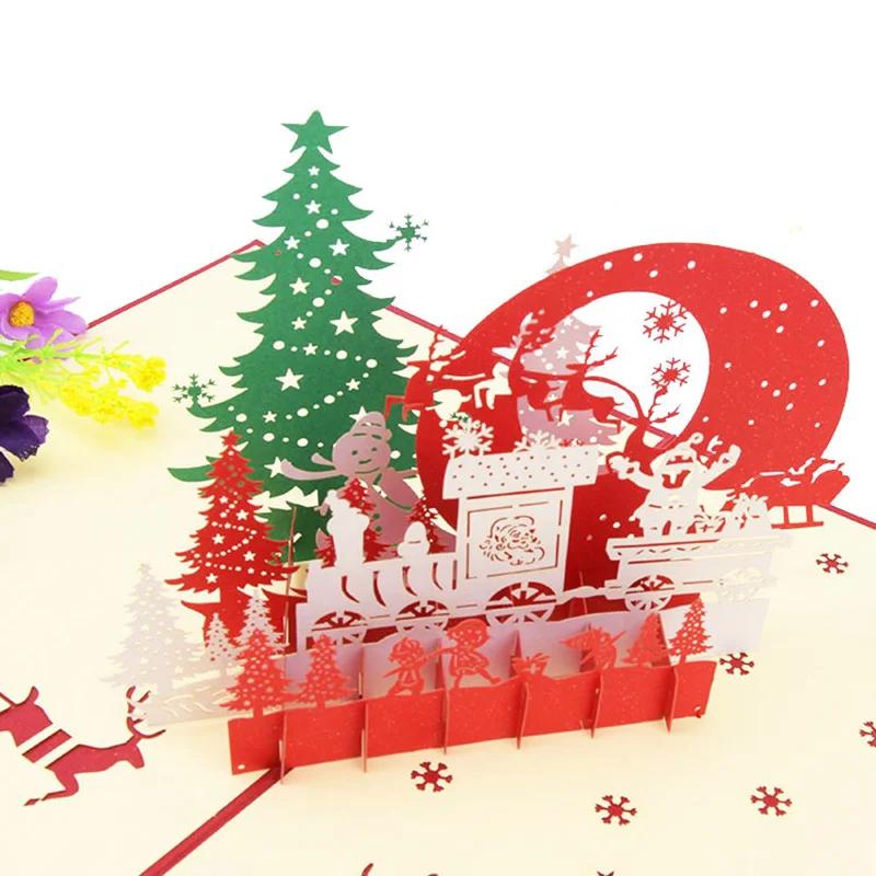 Merry Christmas Cards 3D Pop Up Christmas Tree Cards Christmas Decoration Winter Gift Laser Cut New Year Santa Greeting Cards