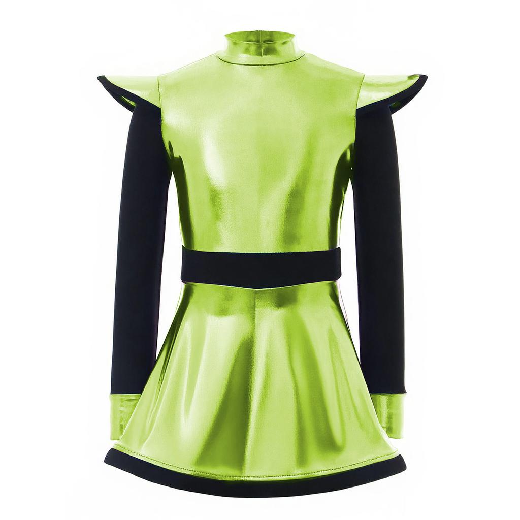 Robe Costumes d'Aliens pour Filles Patchwork Brillant Métallique Col Montant Manches Longues Fermeture Éclair Invisible Short Intégré