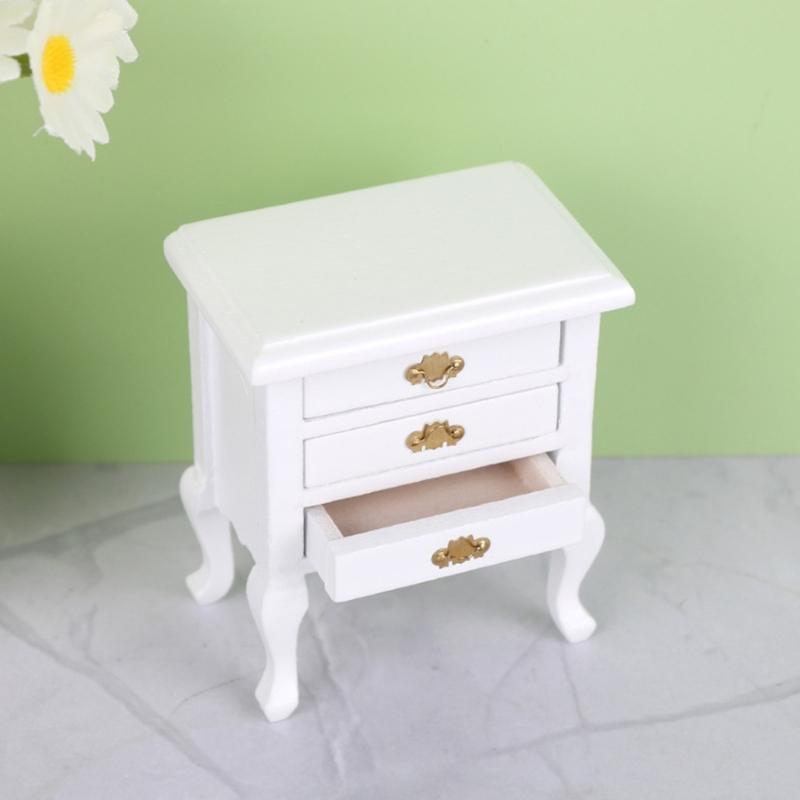 1: 12 Scale Wooden Doll house night table With Functional Drawer For Miniature Bedroom Scene Decoration