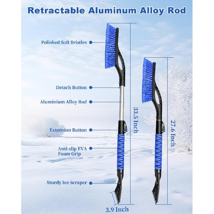 33'' Snow Brush And Ice Scraper For Car Windshield, Aluminum Extendable Snow Removal Tool For Car Window With Foam Grip, Soft Broom Head For Car SUV