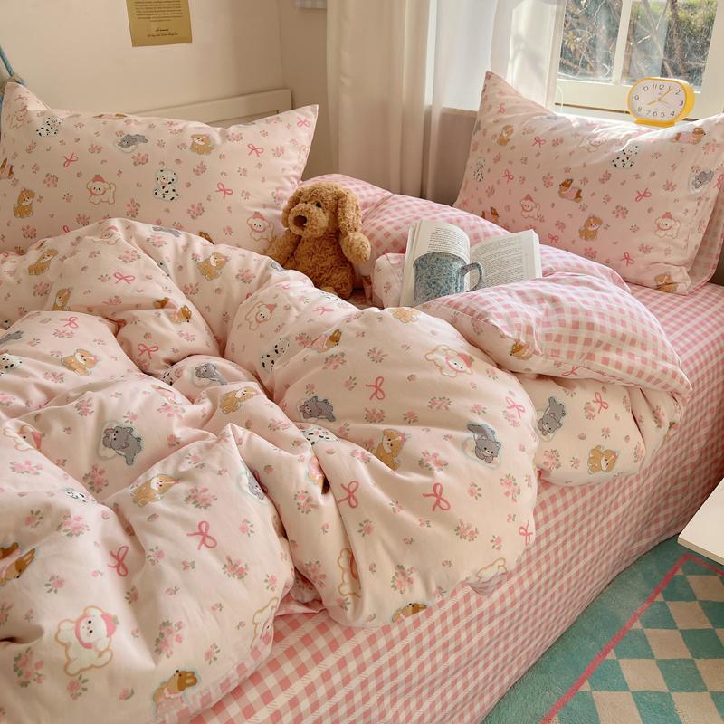 Sleeping Grid INS Age Reducing Cute Cartoon Style 40 Count Cotton Four Piece Set