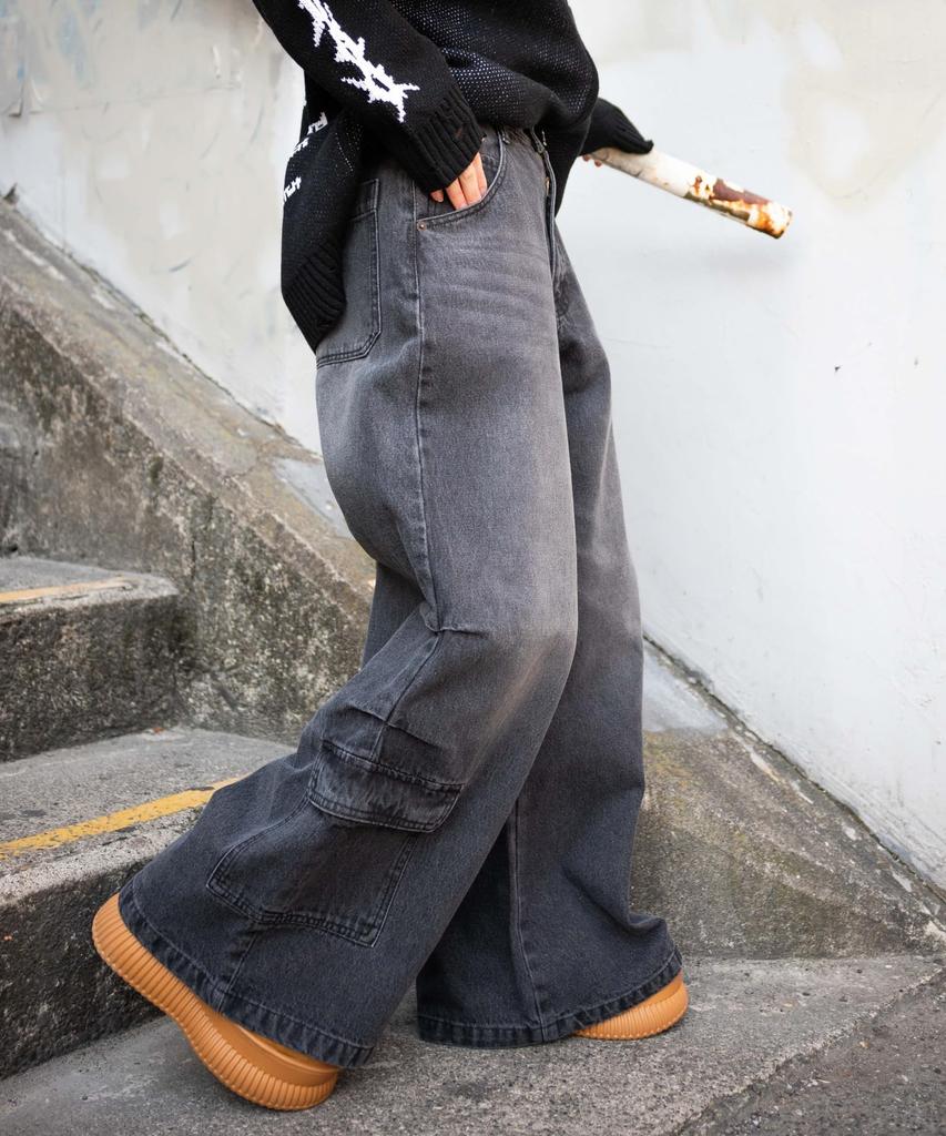 WEGO Vintage Wash Baggy Cargo Korean Dance Size Black Pants, Wide-Leg Trousers, Trousers, Bottoms, Streetwear, Casual, Style, Wear, Spring, Summer,