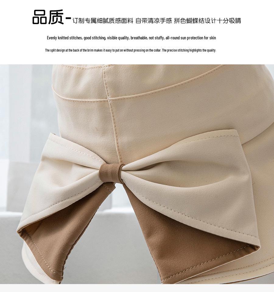 Koreanischer zweifarbiger Sonnenhut mit breiter Krempe und Schleife für Damen - Flacher Oberteil, Schlitz hinten, UV-Schutz