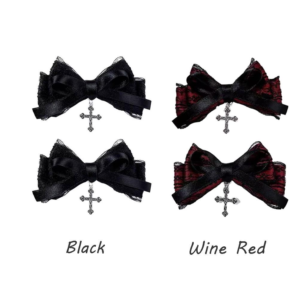 2pcs Gothic Style Bow Hair Clip Sweet Cool Hair Accessories Cosplay Black Wine Red Lace Hair Alligator Clips Barrette