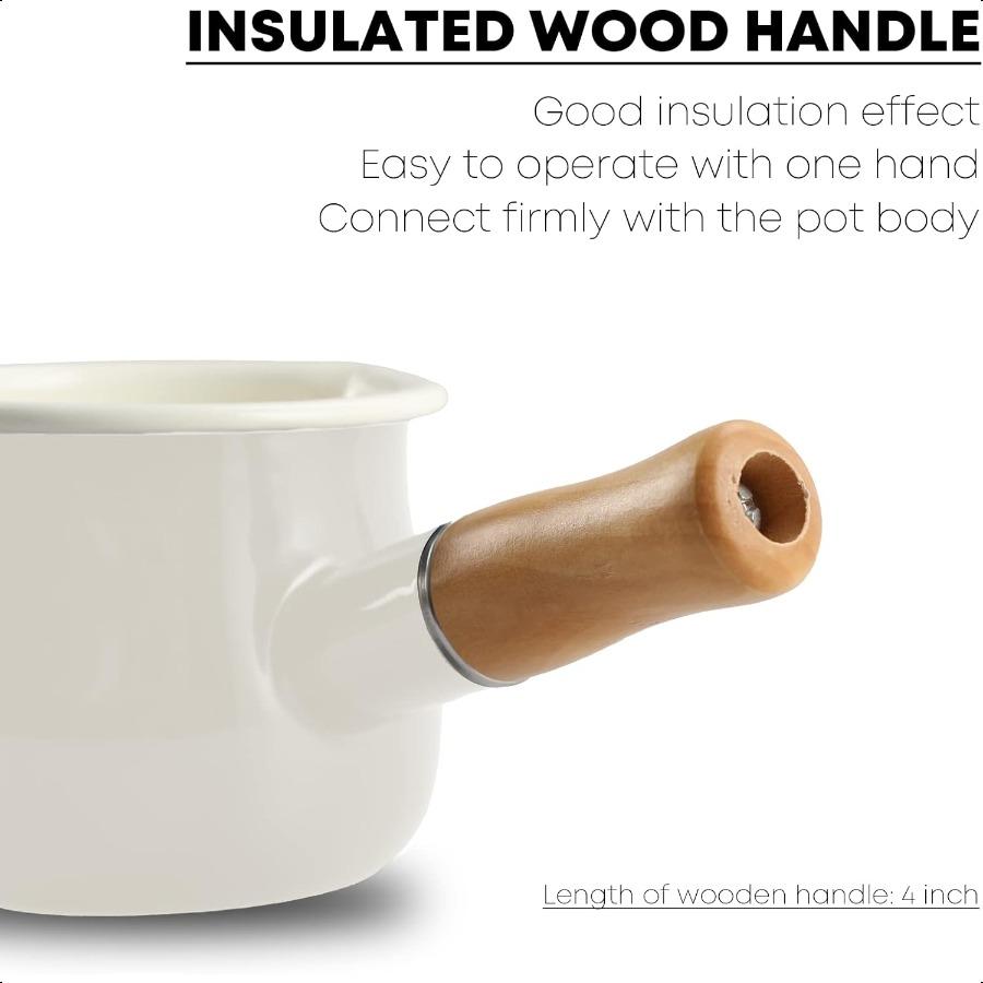 0.6qt Mini Enamel Milk Pot Insulated Wooden Handle 2 Pour Spouts Small Food Warmer Cute Saucepan D015White