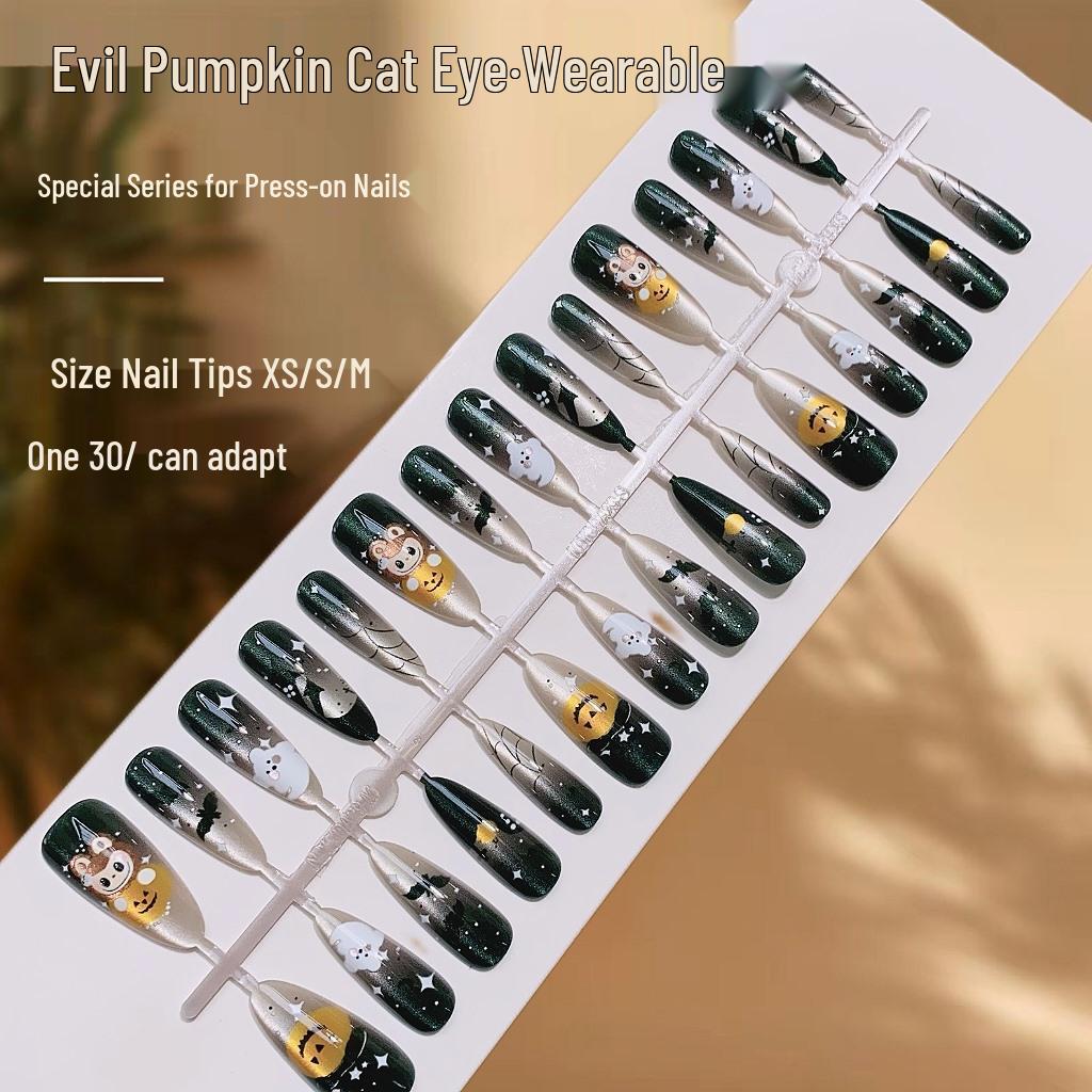 

Evil Pumpkin Cat Eye Halloween Nail Art - Cute Spicy Style Fake Nails, Finished Nail Pieces, Wearable Nails
