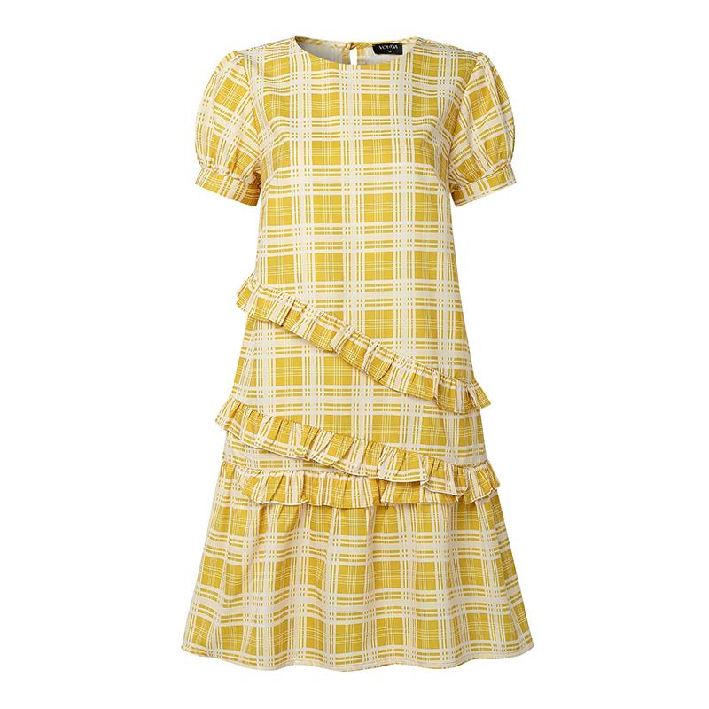 

VONDA Women O Neck Puff Sleeve Plaid Print Casual Ruffled Mini Dress 3XL жёлтый