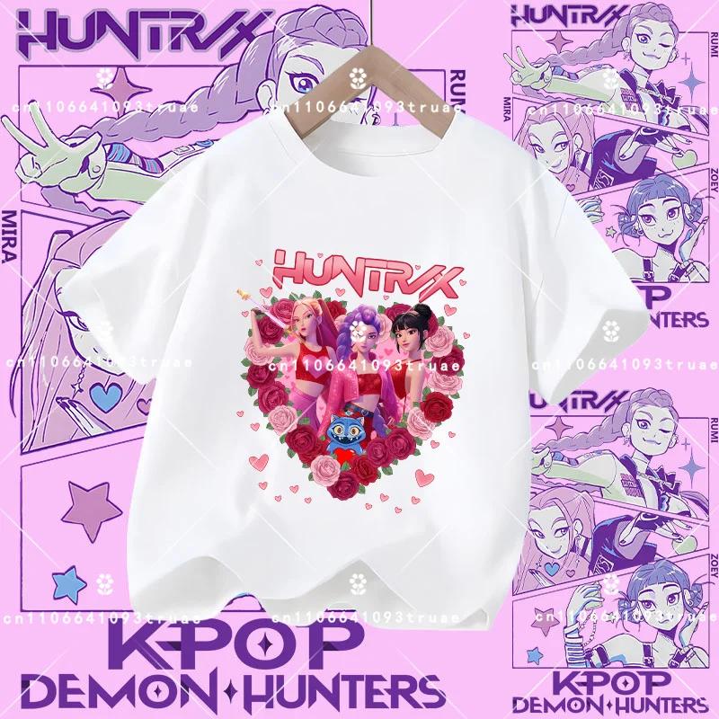 Summer T-shirt casual top with cartoon print, children's pure Polyester short-sleeved K-pop Demon Hunter girl cute sports shirt