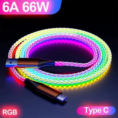 6A Fast Charging RGB LED Light USB C Cable PD 66W Gradient Breathing Luminous Data Cord for iPhone 15 16 Pro Samsung 1m
