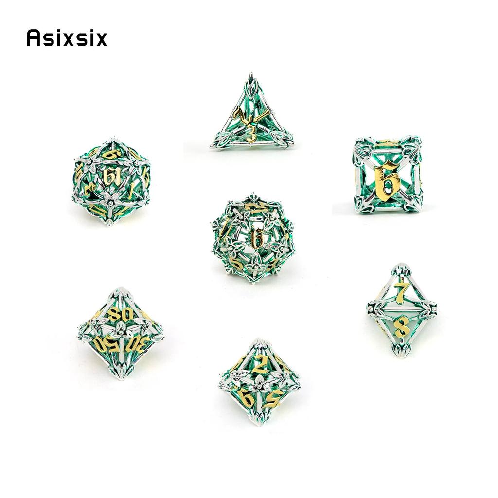 7 Pcs Silver Green Leaf Flower Metal Dice Hollow Metal Polyhedral Dice Set Suitable for Role-Playing RPG  Board Game Card Game