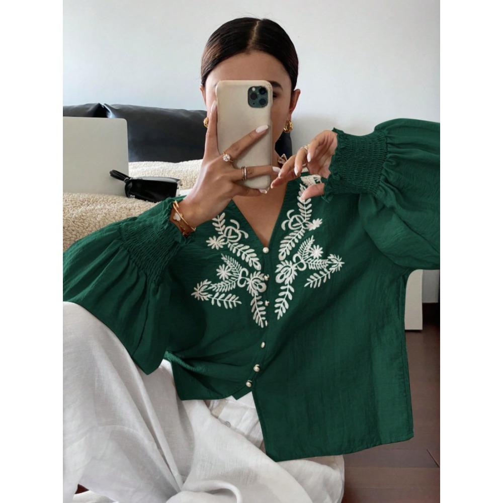 

Новый осенний стиль Вышитый цветочный кардиган-рубашка с длинным рукавом на пуговицах S зелёный