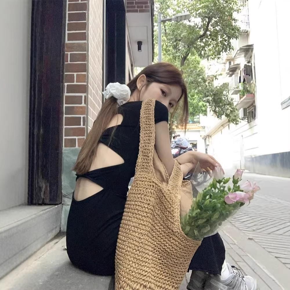 Black backless split dress women's summer new temperament slim and thin short-sleeved long dress French high-end feeling