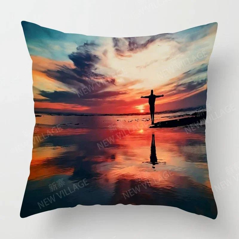 Sunset & Palm Tree Beach Pattern Double-Sided Printed Pillow Cover Short Plush Suitable Living Rooms Sofas Throw Cushion Cover