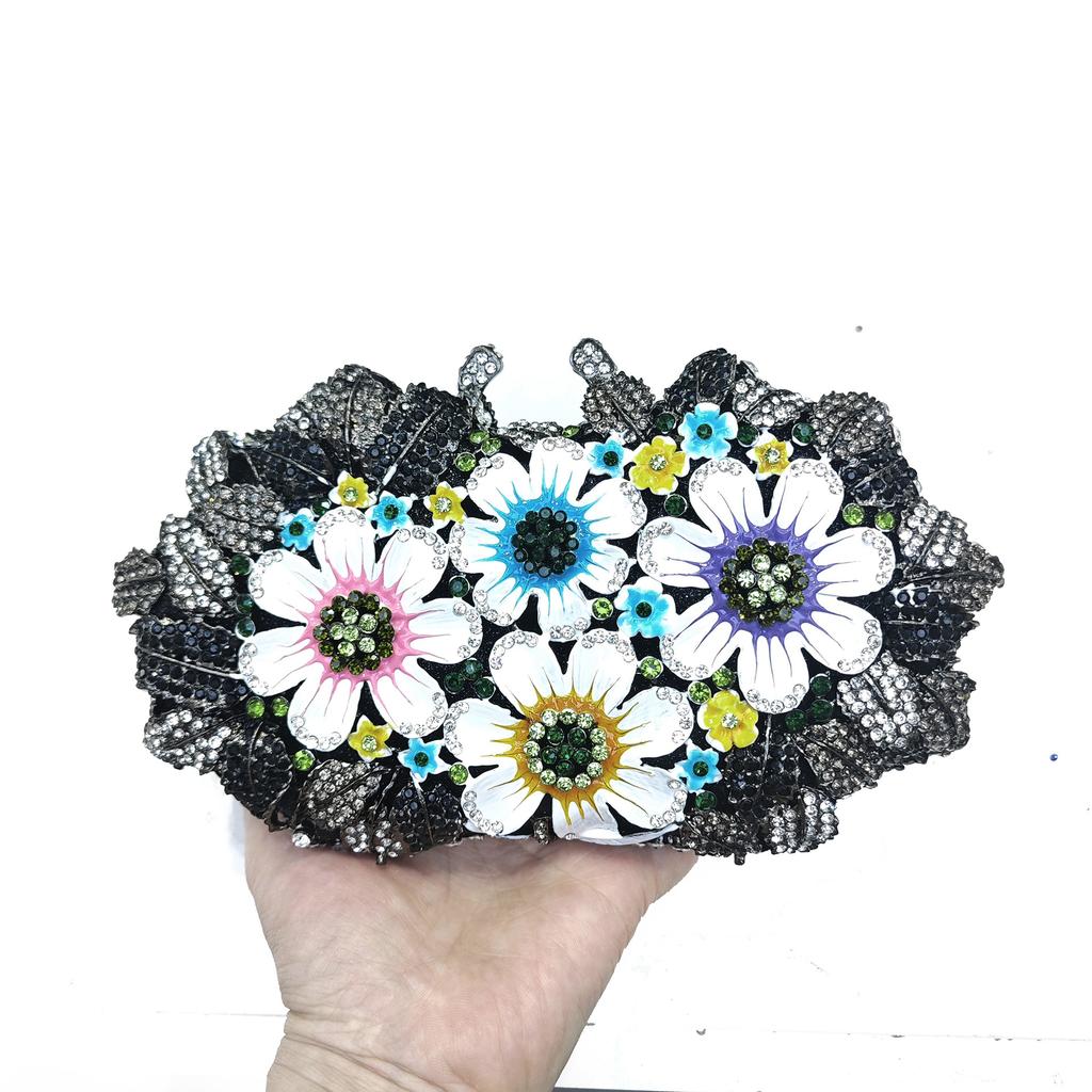 3D Pink Flower Crystal Clutch Green Purse Lady Evening Bags Diamond Handbag Women Metal Box Minaudiere Wedding Party Dinner Bags