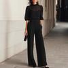 Womens Black See Through Turtleneck Top and Loose Wide Leg Pants Two Piece Set