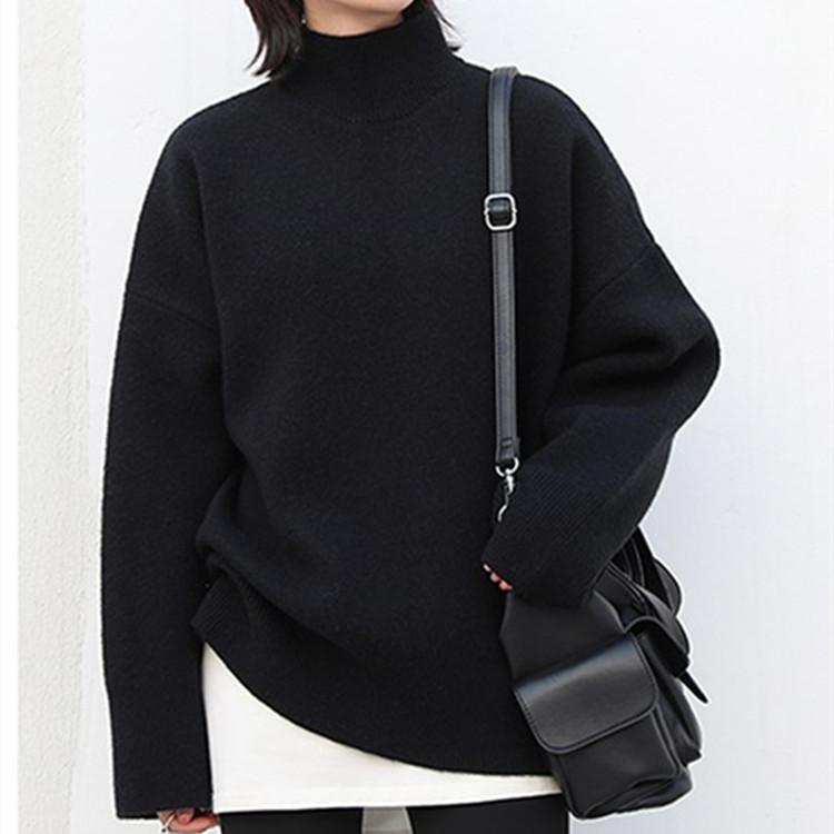 

Женский свитер с полувысоким воротником, осенне-зимний, высококлассный, в стиле ленивой небрежности, свободный, средней длины, базовый вязаный свитер с утолщенной внутренней частью 0653 average size [90-65kg] чёрный