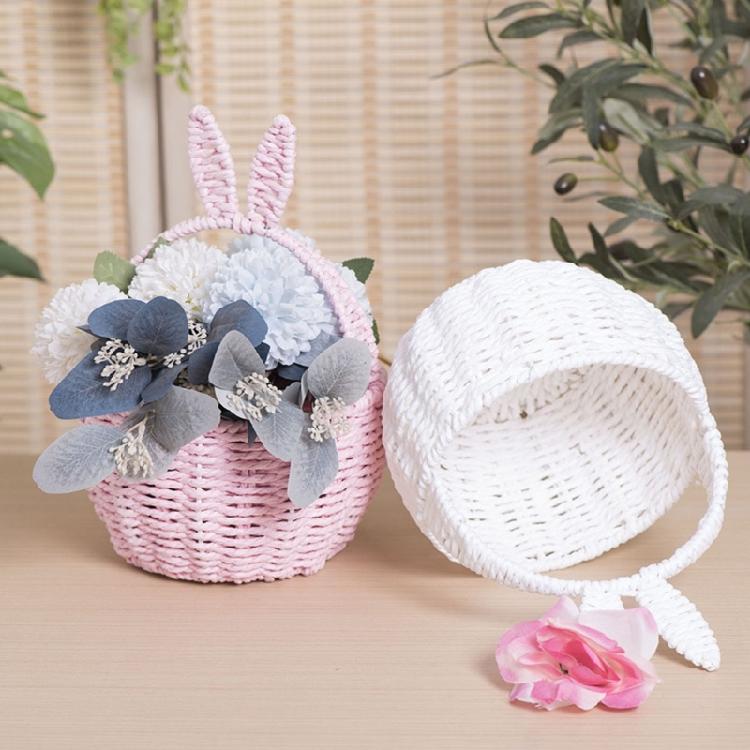 Paper Rope Woven Basket with Rabbits Ears for Toy Storage Stylish Handhold Flower Basket Fruit Holder for Picnics