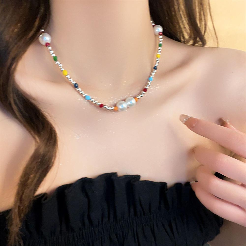 Sweet and cool dopamine color beaded necklace female summer design collarbone chain cold wind pearl neck chain
