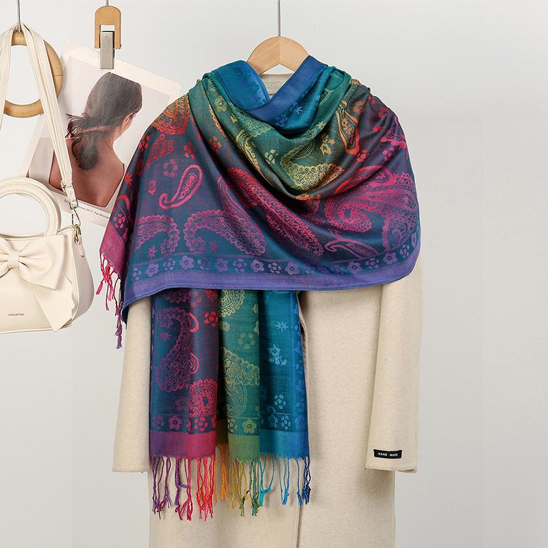 Women Winter Elegant Jacquard Pashmina Imitation Cashmere Scarf Lady Rainbow Color Shawl Thick Warm Wrap Coldproof Blanket Scarf