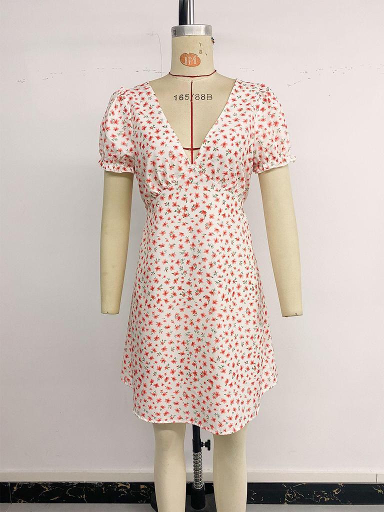Summer 2026 Floral Print V-Neck Backless Dress – Women's Short-Sleeved Skirt