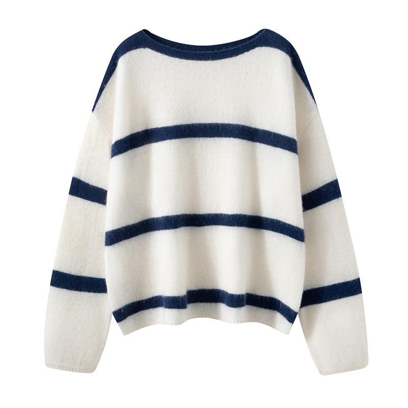 Women's One-Shoulder Cashmere Stripe Sweater - Loose Fit Long Sleeve Knit, Base Layer for Autumn/Winter.