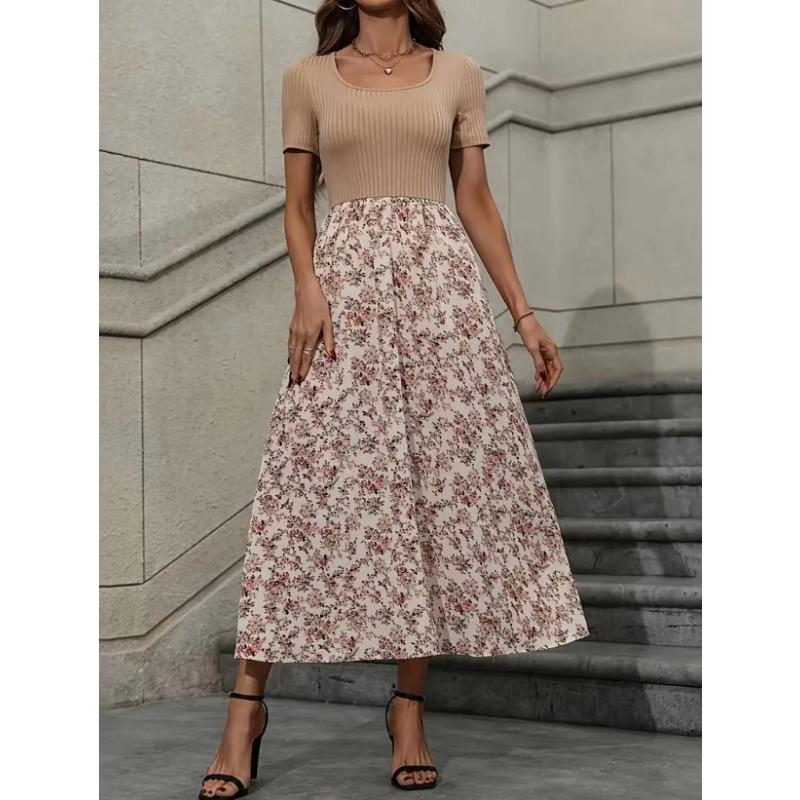 Women Multicolor Splicing Floral Short Sleeve Ladies Dresses Long Dresses