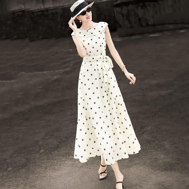 Lanser Elegant Polka Dot V-Neck A-Line Midi Dress