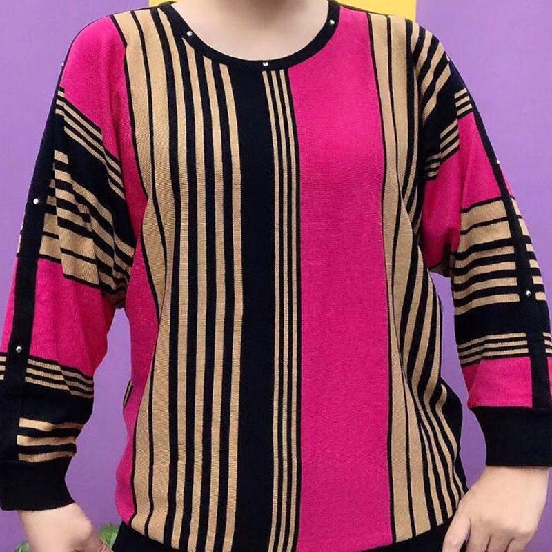

Women s Spring Autumn Contrasting Colors Striped Tops Causal Commute Stylish Rivets O-Neck Knitted Long Sleeve Vintage Pullovers L рожевий червоний колір