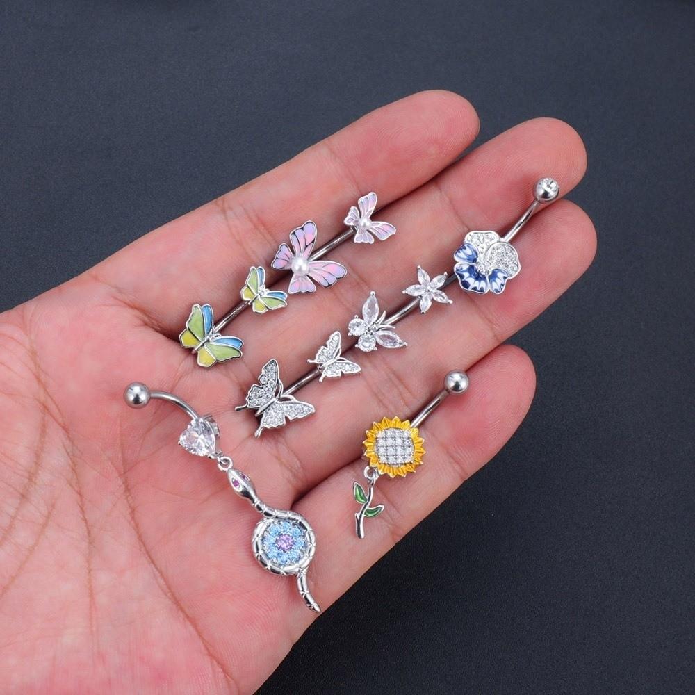 Sunflower Zircon Navel Ring Butterfly Heart Belly Button Ring Vintage Body Piercing Jewelry  Girl