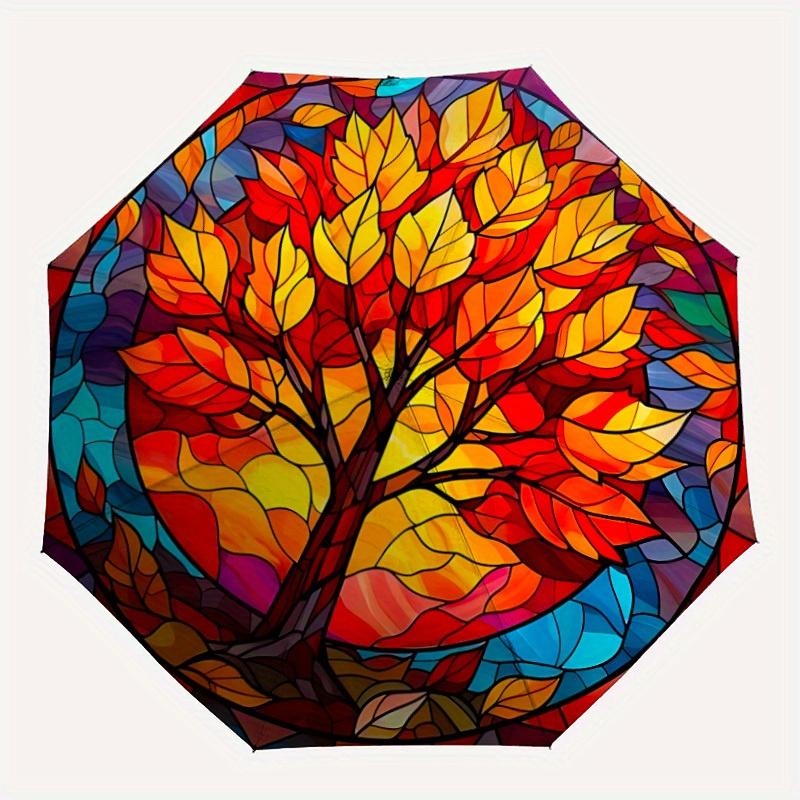 1pc Autumn Tree Pattern Automatic Opening/Closing Folding Umbrella with 35 Ribs, Plastic Handle, Windproof Portable Sunshade Umbrella y250726075